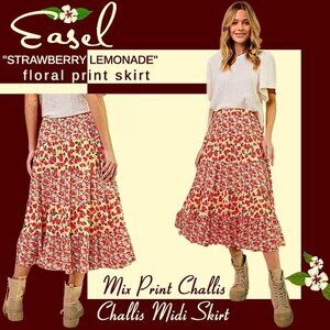EASEL “Strawberry Lemonade” Lightweight Flowy Swingy Tiered Mix Print Midi Skirt